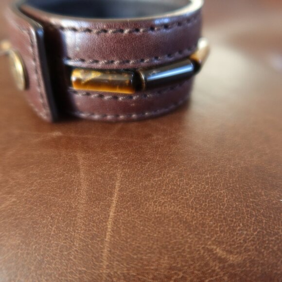 YSL Rive Gauche brown leather bracelet cuff with 9 tiger's eye stones/beads EUC! - Picture 4 of 14